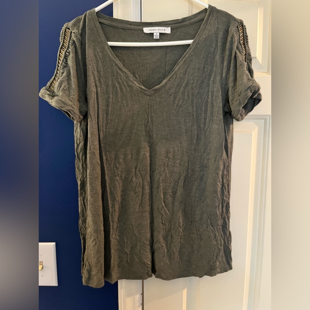 Rose & Olive Green Short Sleeve Top with Metal Detail